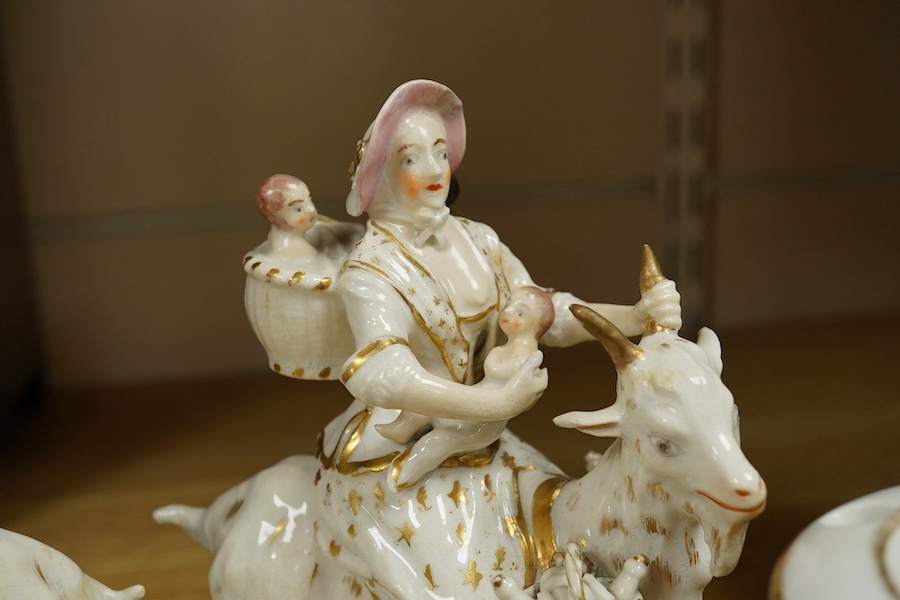 A pair of Bloor Derby white and gilt porcelain figures, Tailor and his Wife, together with a pair of small Imari pattern campaign spill vases, largest 14cm high. Condition - some restoration